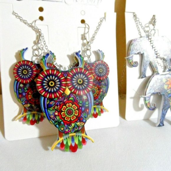 New Boho MOSAIC Elephant Owl Necklace Earrings Set Floral Modern Jewelry Chic! - Picture 2 of 9